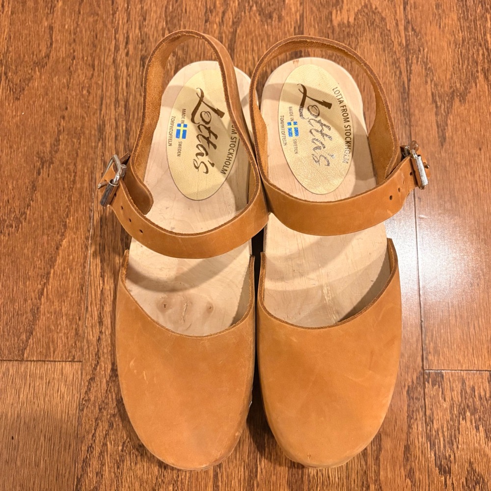 Lotta from Stockholm Swedish Low Wood Clog Sandals Tan Leather Heels Size 40 - Picture 3 of 11